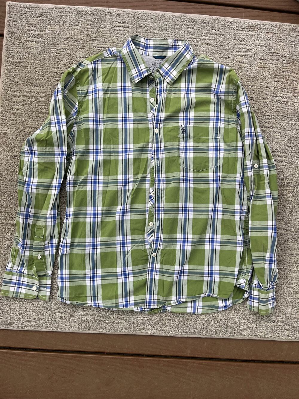 U.S. Polo Assn. green and blue plaid button-up shirt, size XL